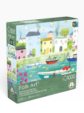 KI Puzzles Folk Art Bicycling by The Sea by Clair ROSSITER 1000 Piece 27x20